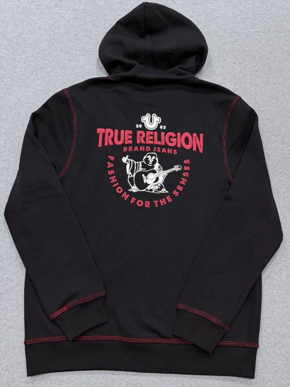 True Religion Mens TNL Puff Buddha Full Zip Hoodie Large L Black Red Stitch NWT - Picture 2 of 16